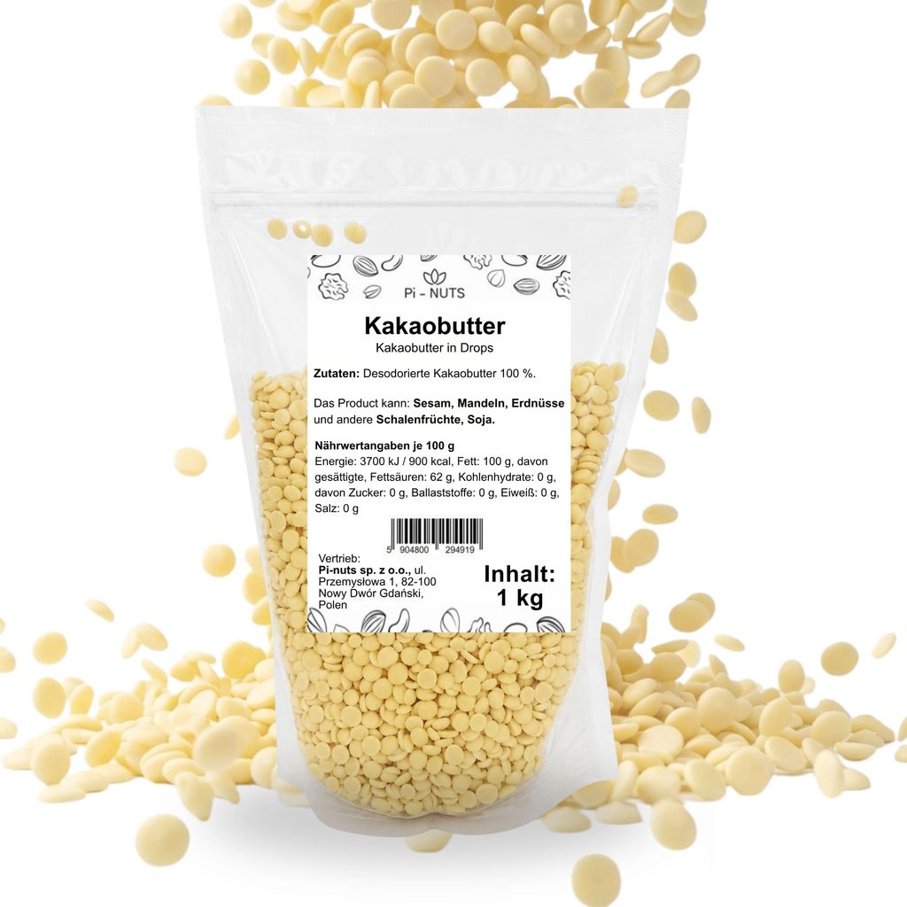 Kakaobutter 100% deodorisiert in Drops 1kg – neutrales Produktbild 