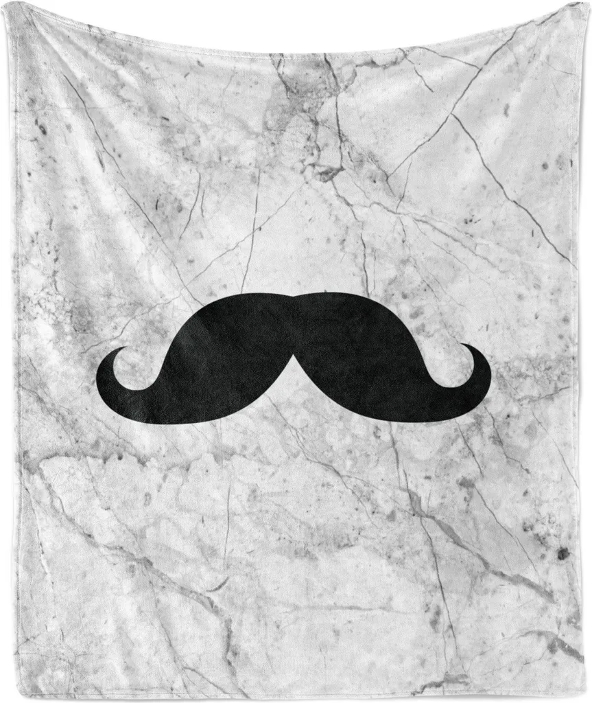 ABAKUHAUS Coperta in morbido pile di flanella da uomo, baffi retrò stilizzati su sfondo realistico effetto marmo grunge, 175 x 230 cm, grigio, nero, bianco