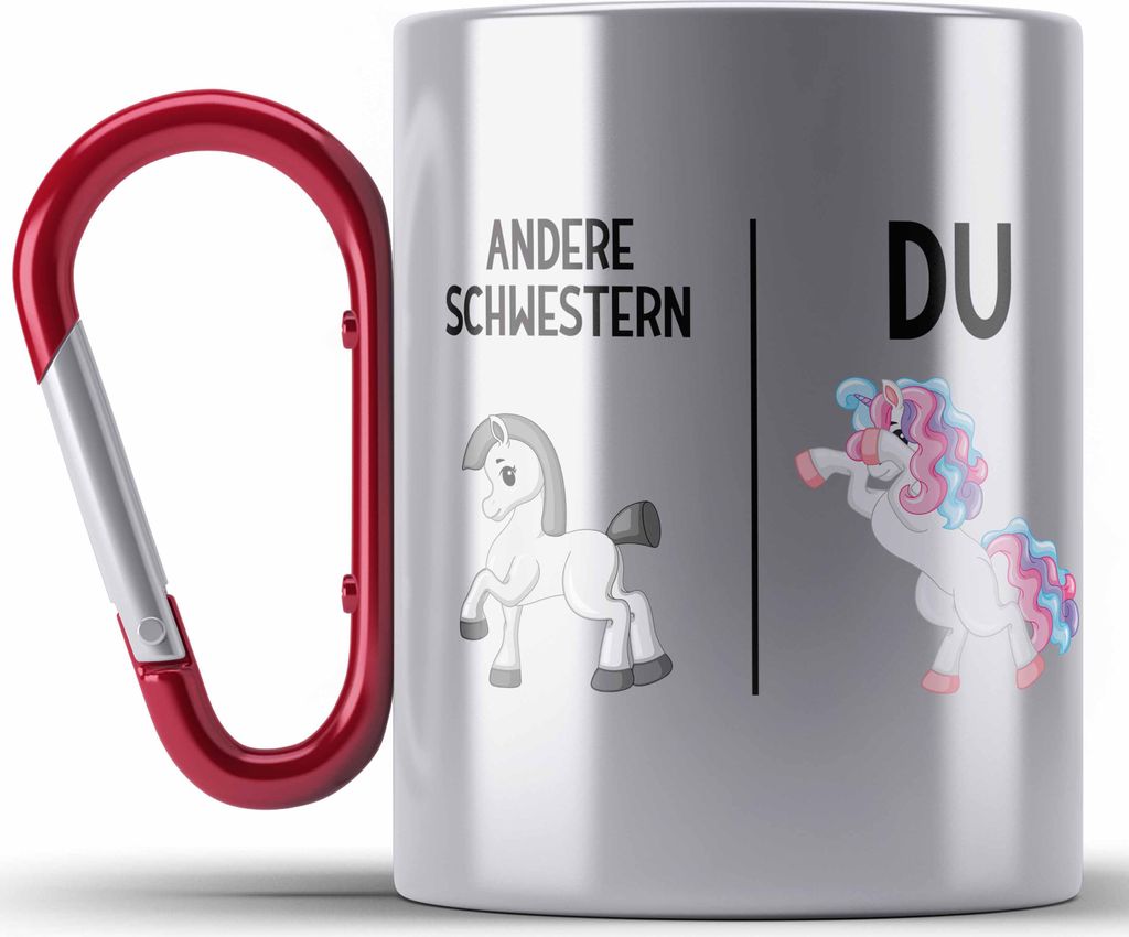 Trendation - Schwester Geschenk Geburtstag Edelstahl Tasse Karabiner Geschenkideen Edelstahl Tasse Karabinern mit Spruch für Beste Schwester (Rot)