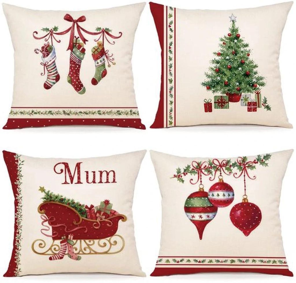 Unyqoos Set mit 4 dekorativen Weihnachtskissenbezügen für Sofa und Schlafzimmer, 45 x 45 cm, hochwertiges Leinen, waschbar