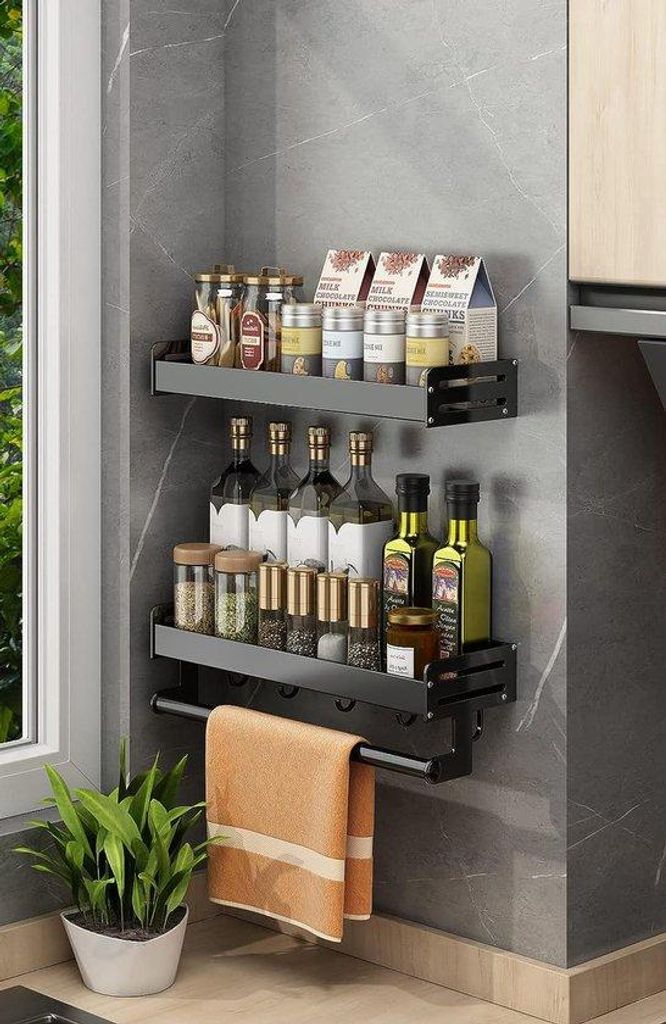 Kruidenrekset van 2, 40 cm, roestvrij staal, zwart, keuken, wandmontage