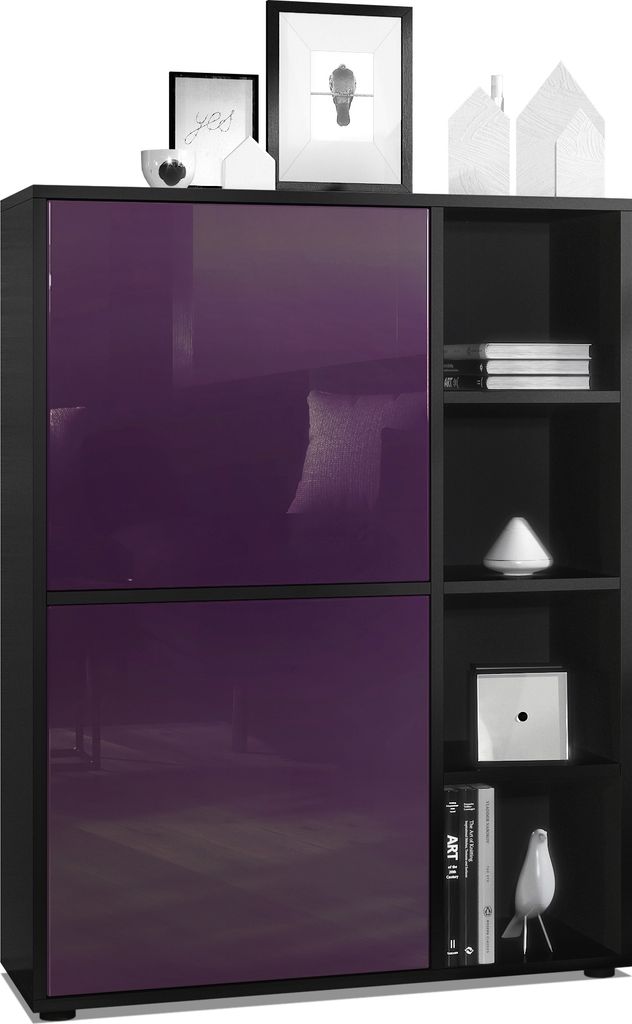 Vladon Highboard Schrank Anrichte Cuba mit 8 Fächern, Germany, Korpus in Schwarz matt / Fronten in Brombeer Hochglanz