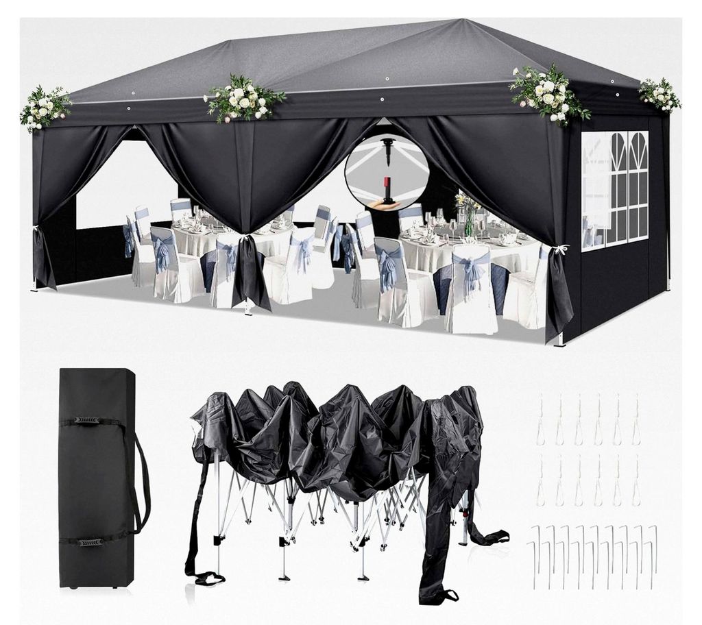 Pavillon 3x6 m, Pop-Up Faltpavillon mit One-Touch-Funktion, Metallrahmen, wasserdicht, UV-Schutz 50+, stabil, höhenverstellbar, Gartenzelt mit 6 S...