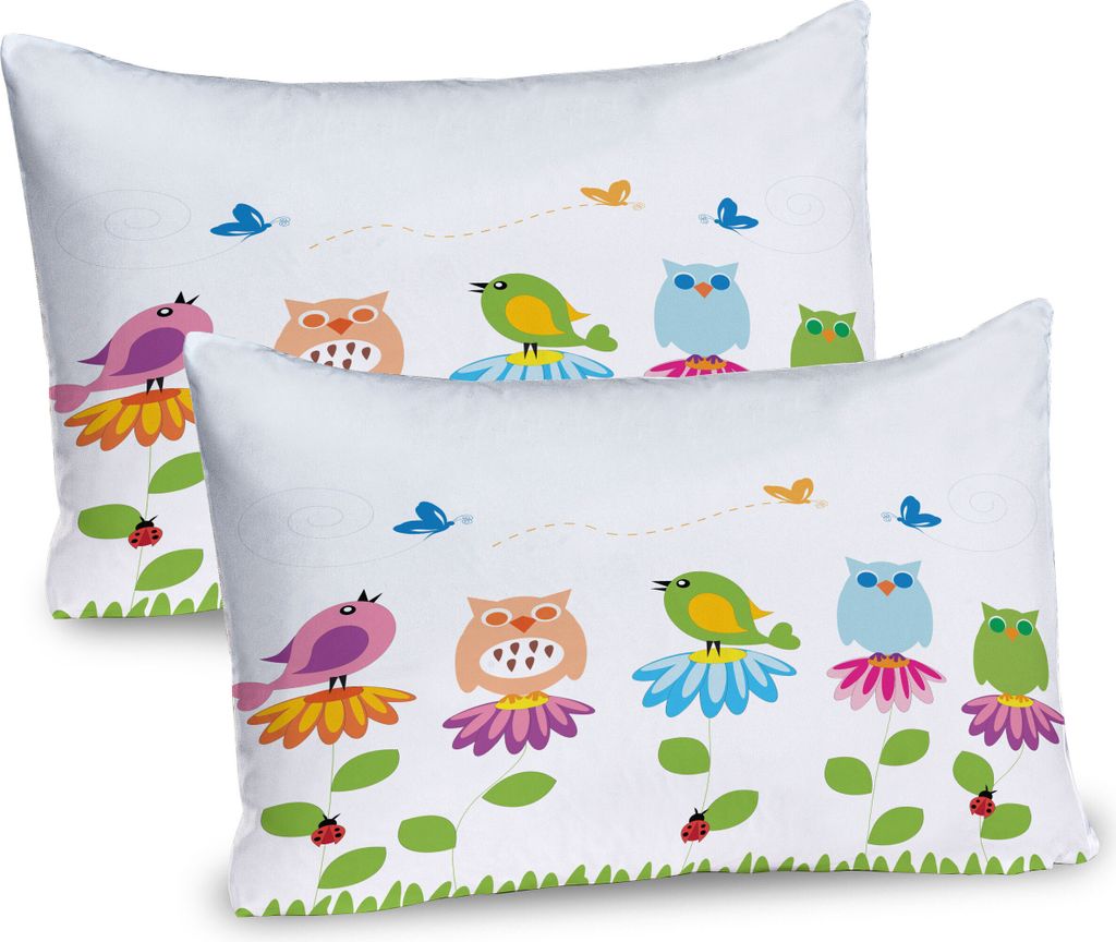 ABAKUHAUS Blumen Kissenbezug Packung mit 2, Bunte Cartoon-Art-Vögel auf Kamille-Gänseblümchen-Blumen-Schmetterlings-Marienkäfer-Kindern, Dekora...