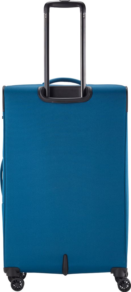 A blue suitcase with a black telescopic handle and black wheels, shown from the back.