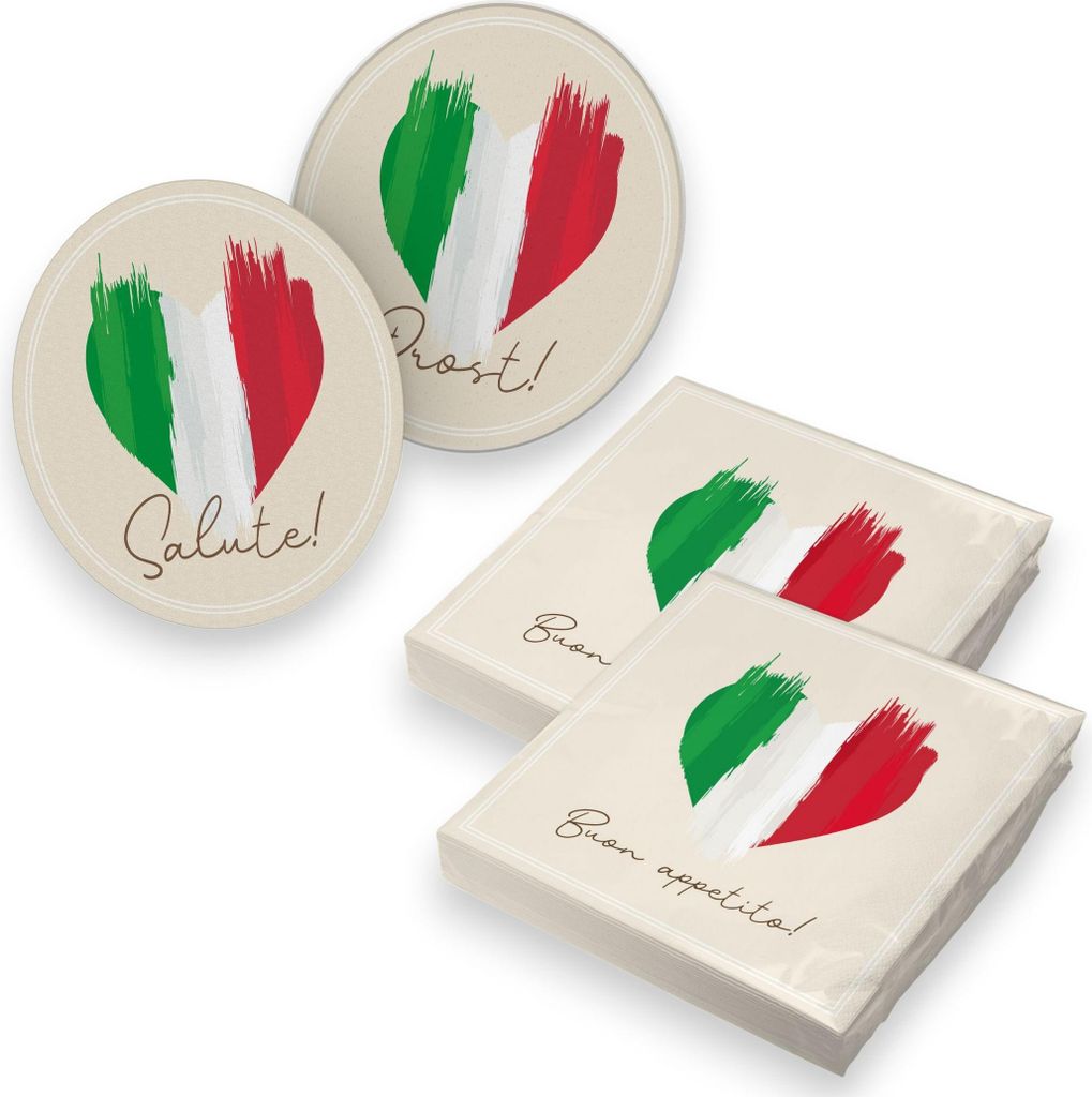 itenga 40x Servietten mit 40x Bierdeckel - Italien - Flagge - Herz v1
