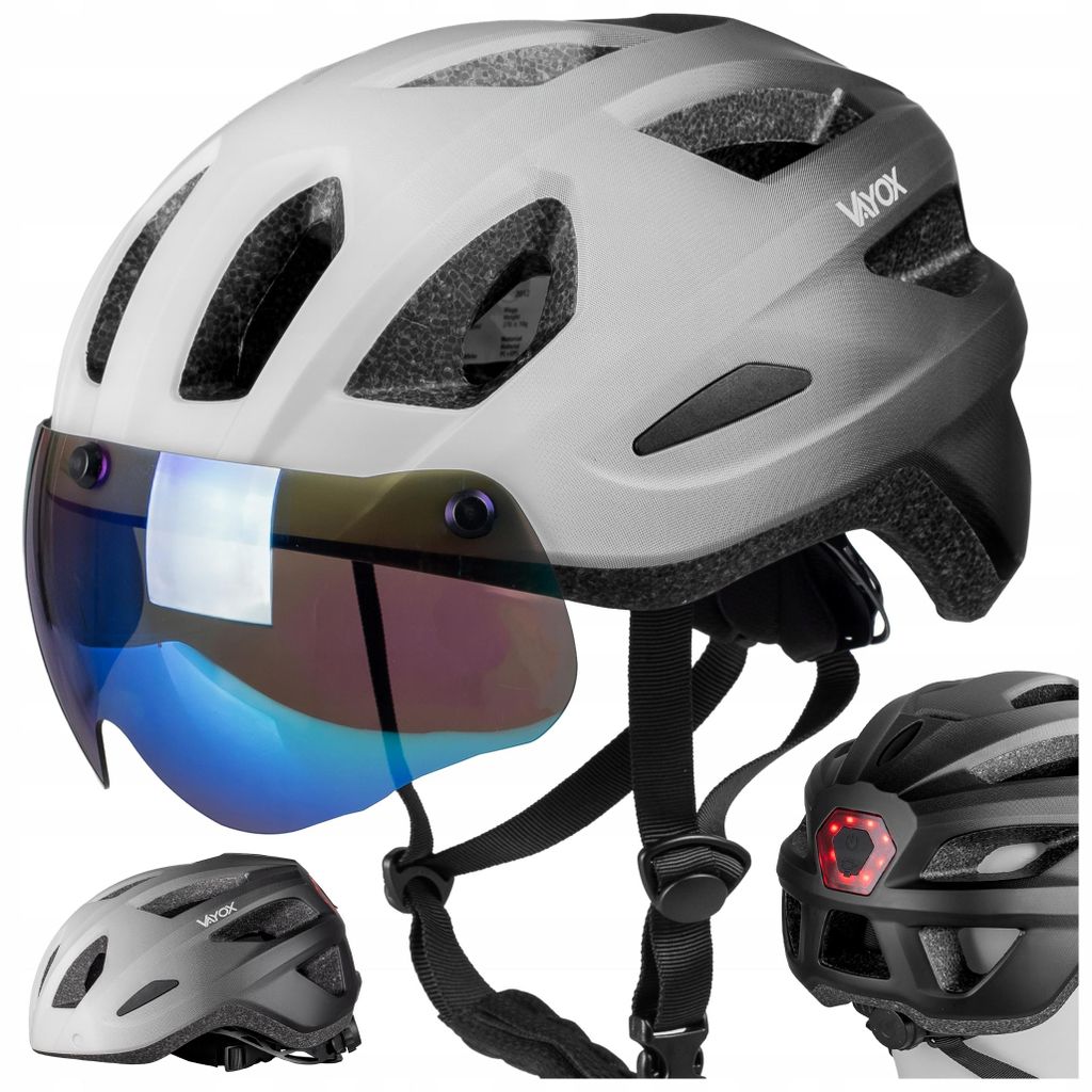 Vayox Fahrradhelm Active VA0424WBM Verstellbar von 55 bis 58 CM - Größe M - mit Schutzbrille, mit LED-Beleuchtung - Belüfteter - Weiß/Schwarz