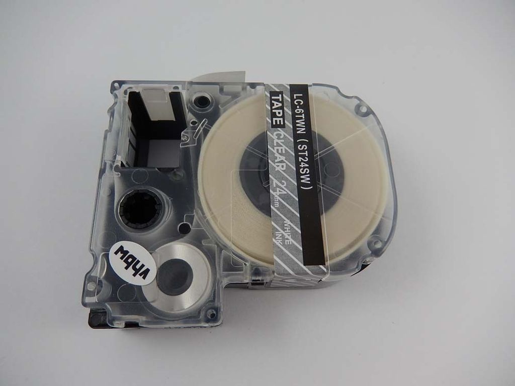 vhbw Schriftband-Kassette kompatibel mit KingJim SR6700D, SR750, SR950 Etiketten-Drucker 8m x 24mm Weiß auf Transparent