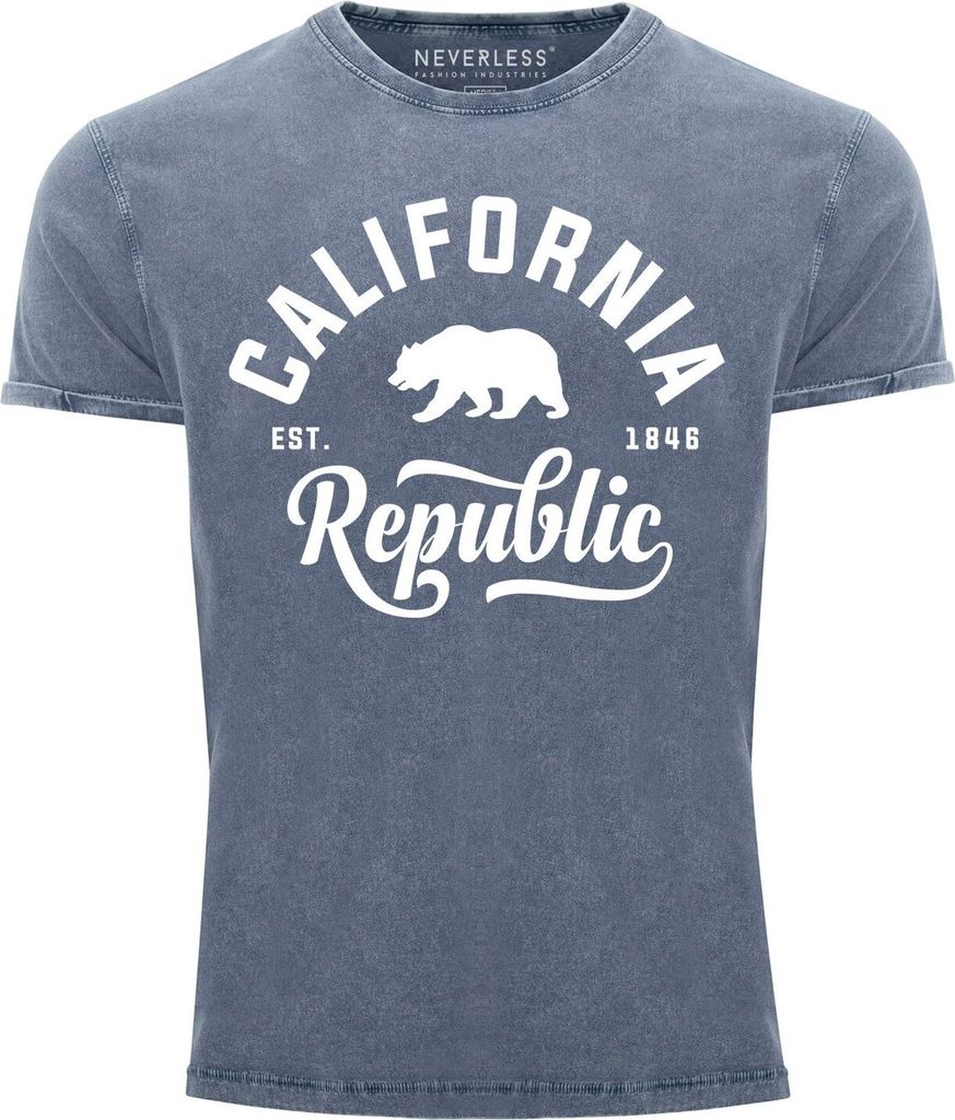 Cooles Angesagtes Herren T-Shirt Vintage Shirt California Republic Bär Aufdruck Used Look Slim Fit Neverless blau S