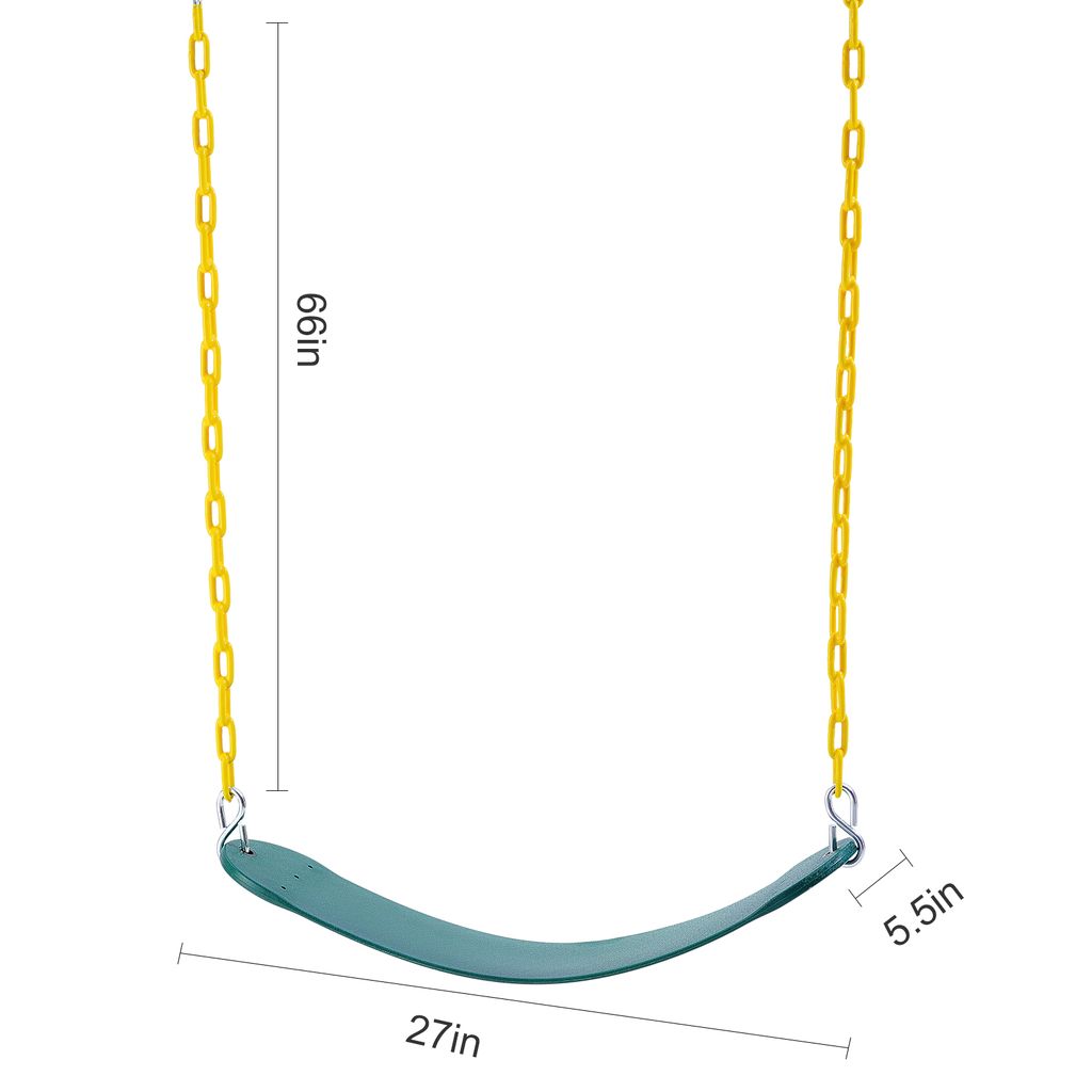 A green swing seat with yellow chains, with dimensions indicated by text.