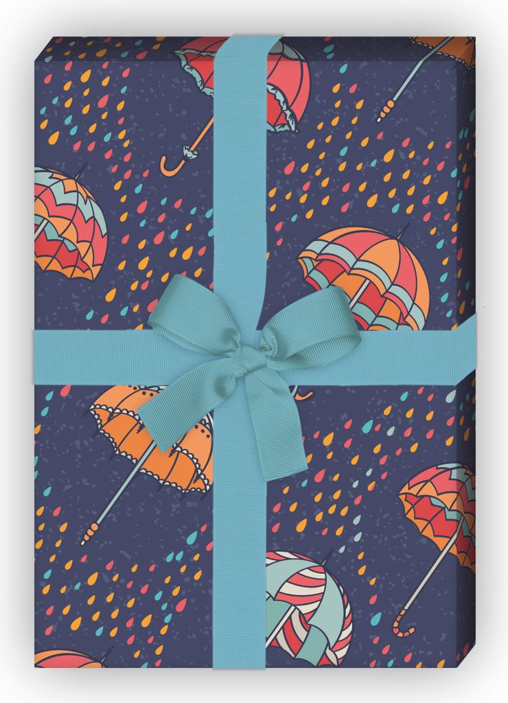Fröhliches Herbst Regen Geschenkpapier mit fliegenden Regenschirmen, blau - G10139, 32 x 48cm