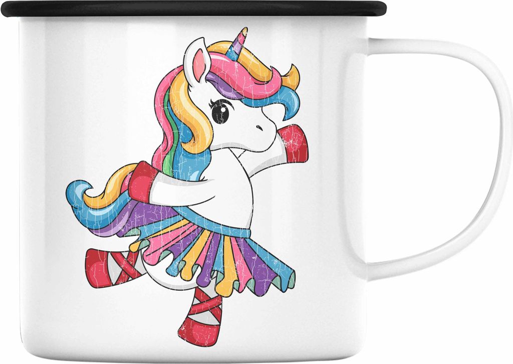 Trendation - Einhorn Emaille Tasse Geschenk Mädchen Tochter Einhörner Grafik Pferde Reiterin Geschenkidee Frau Mama (Schwarz)