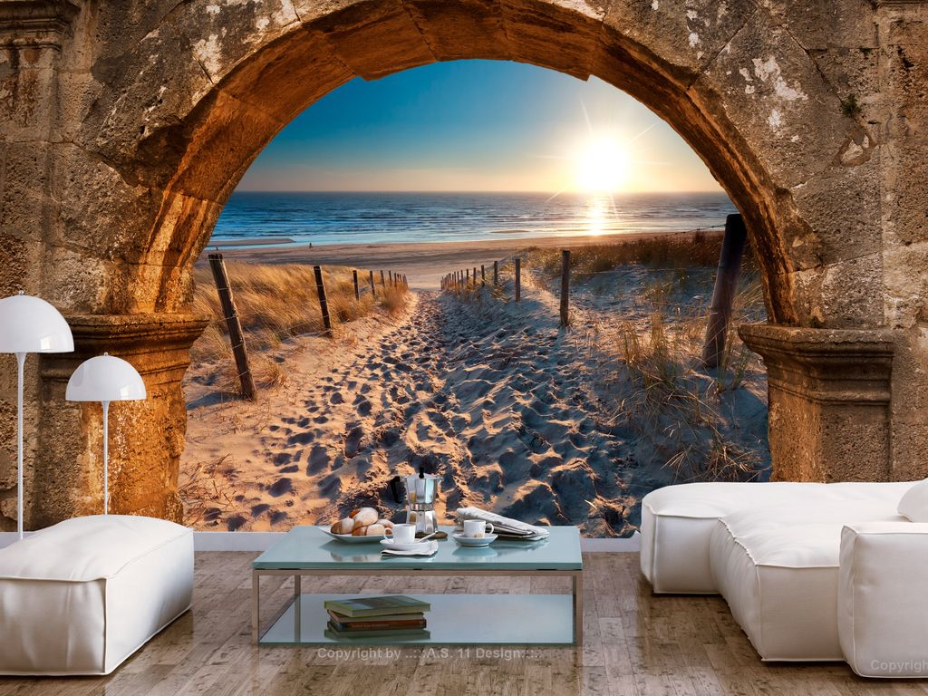 Vlies Fototapete Strand Meer 400x280 cm Tapeten Wandtapete XXL Fenster Steine Ausblick c-C-0188-a-a