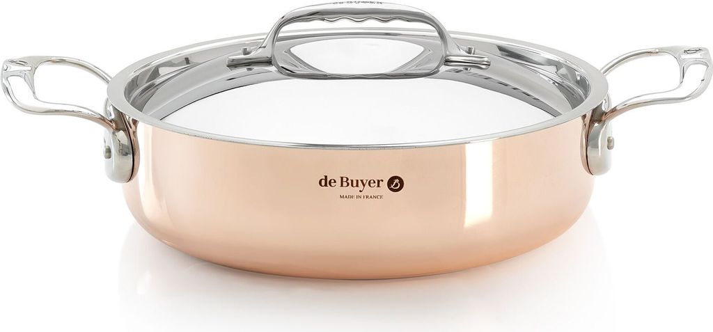 A copper pot with a lid and handles, shown from the front on a white background.