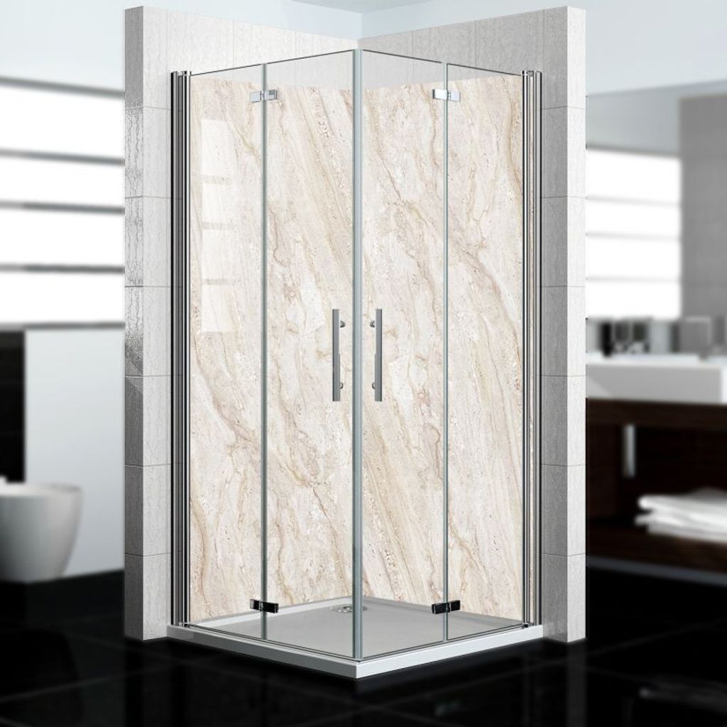 dedeco Eck-Duschrückwände Aluminium wasserfest Motiv: Marmor V9, Nano-Protect hochglänzend, 2 x 90x210x0,3cm, Fliesenersatz fugenlos Wandverklei...