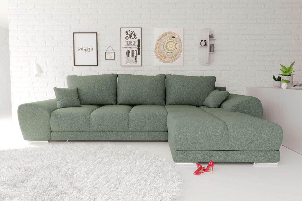 99rooms Antalya Ecksofa Strukturstoff NEVE Salbeigrün Rechts mit Schlaffunktion
