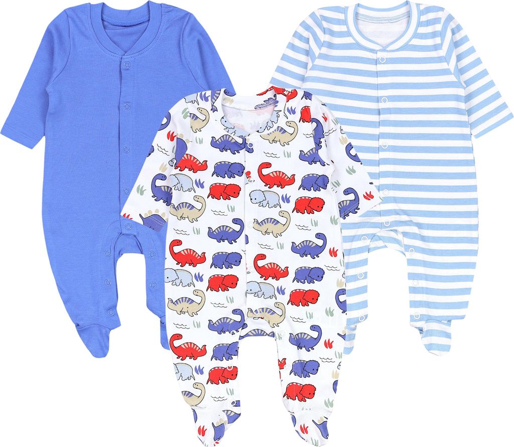 TupTam Baby Jungen Schlafstrampler Langarm Strampler Schlafanzug mit Fuß 3er Pack, Farbe: Blau Grau Streifen Dino, Größe: 98