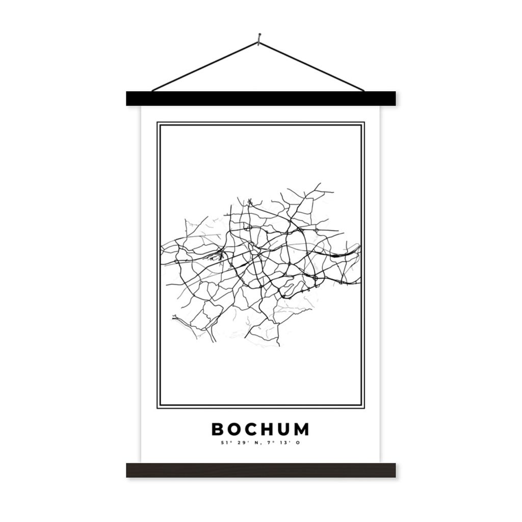 MuchoWow Textilposter Deutschland - Bochum - Stadtplan - Karte - Schwarz-Weiß - Karte 120x180 cm mit schwarzem Rahmen - Fotos