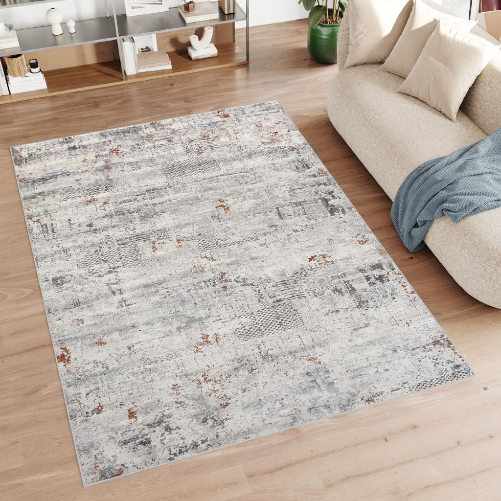 Teppich Wohnzimmer Schlafzimmer Kurzflor Modern Meliert Design Grau Creme 80 x 150 cm