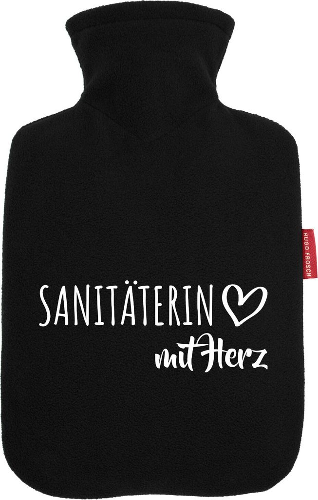 Huuraa Wärmflasche Sanitäterin mit Herz 1,8 Liter Black Classic Veloursbezug Bettflasche Geschenkidee