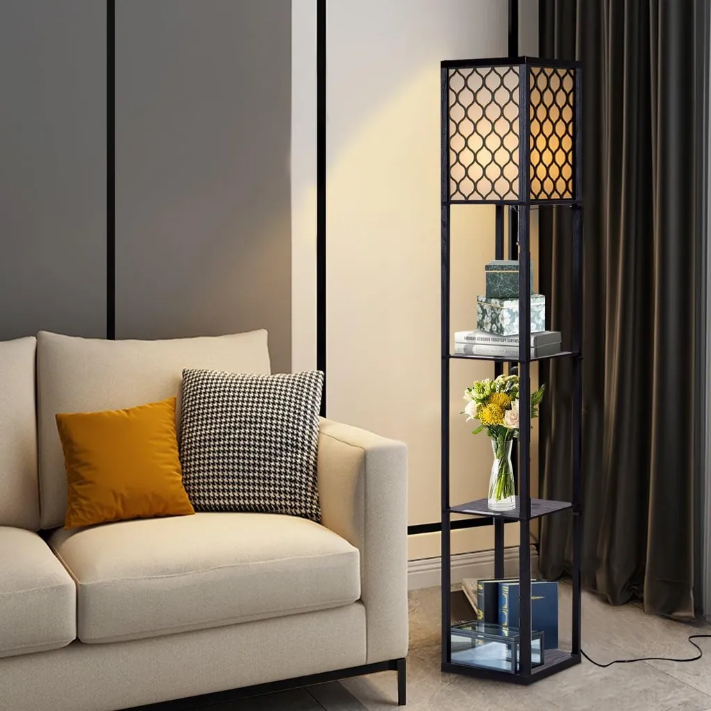 Lampadaire étagère bois noir 160 cm avec abat-jour crème tamisant