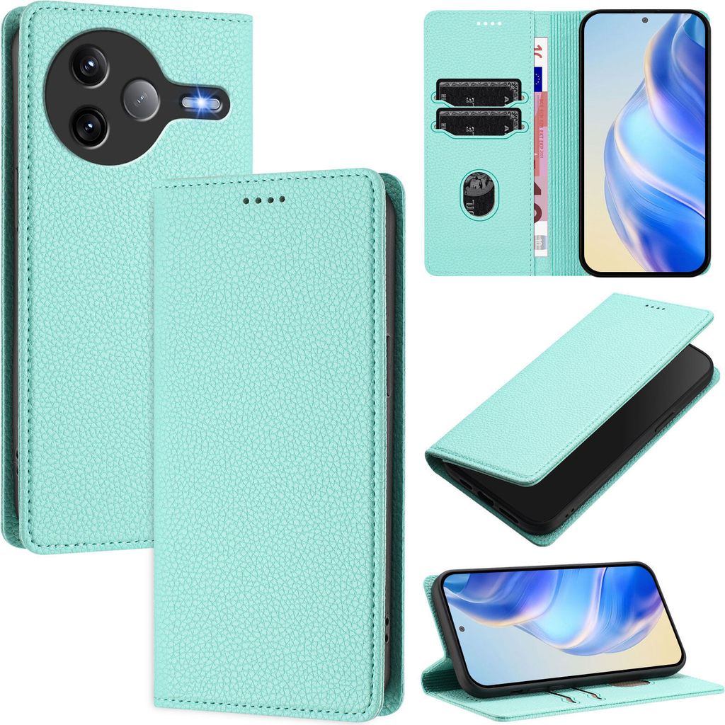 Litchi Leder Handyhülle für Xiaomi Poco F7 Ultra /Redmi K80 Pro Wallet Kartenfächer Standfunktion Hülle Türkis