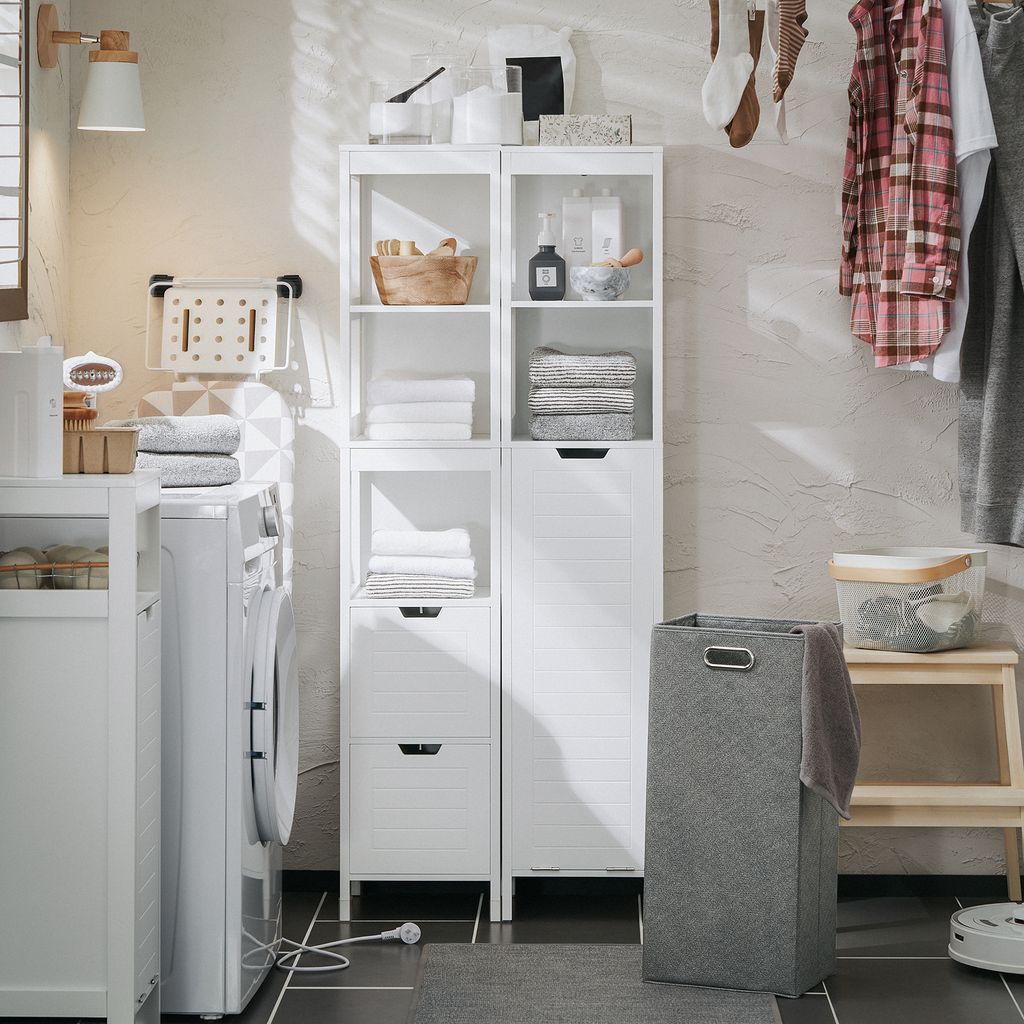SoBuy BZR123-W Hochschrank mit Wäschesack Badezimmerschrank Produktbild 