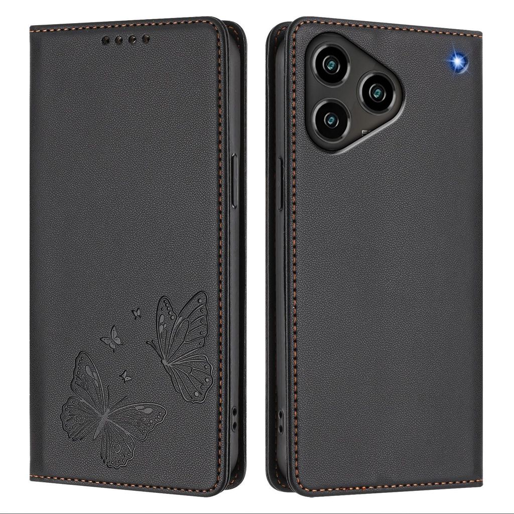 Lederhülle für ZTE Blade A76 4G, Schmetterling Prägung Leder Brieftasche Schutzhülle mit Ständer Schwarz
