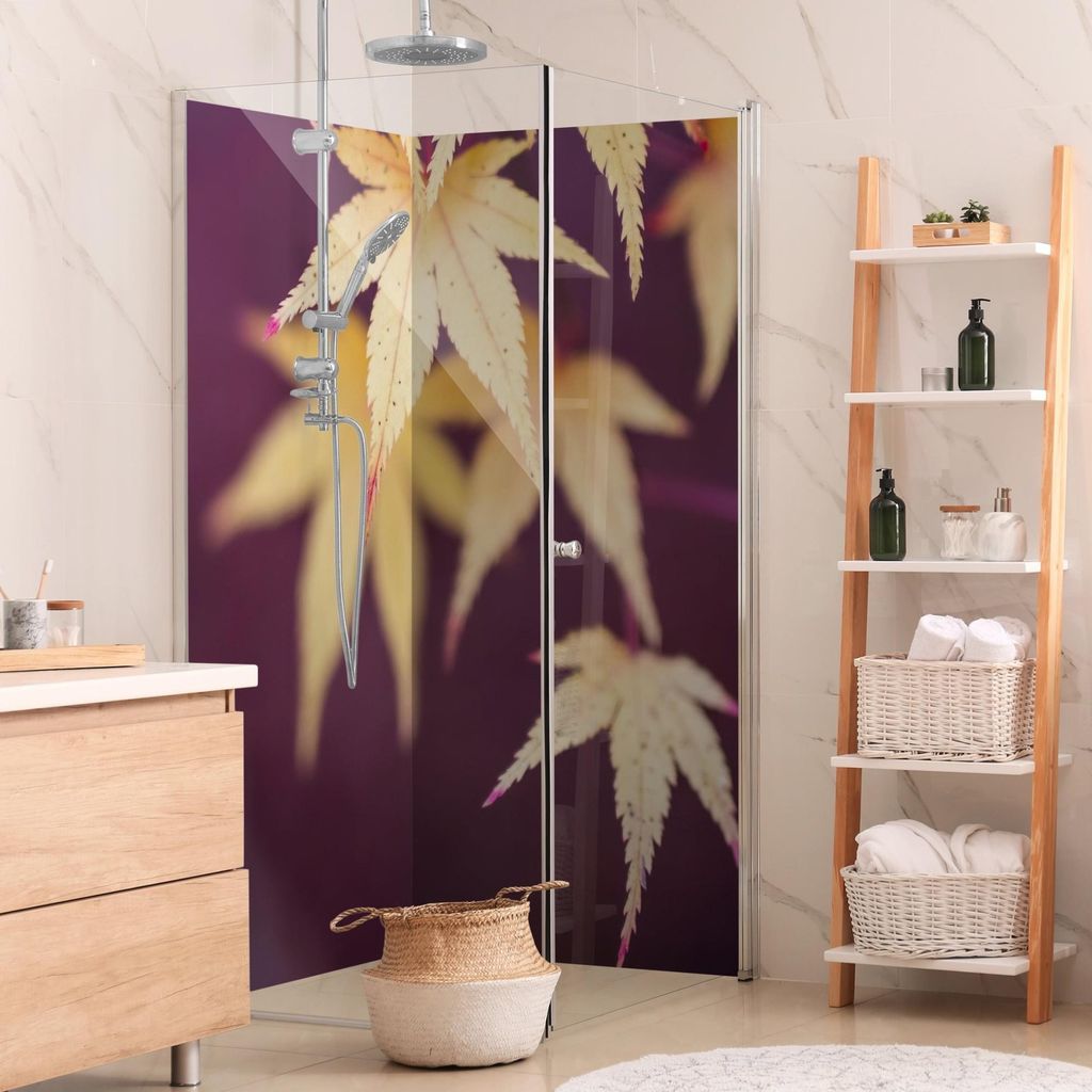 Duschrückwand Stadt selbstklebend - 0.61 mm Wandpaneel wasserfest Japan violett Motiv Badrückwand fugenlos Premium matt 80x210 cm