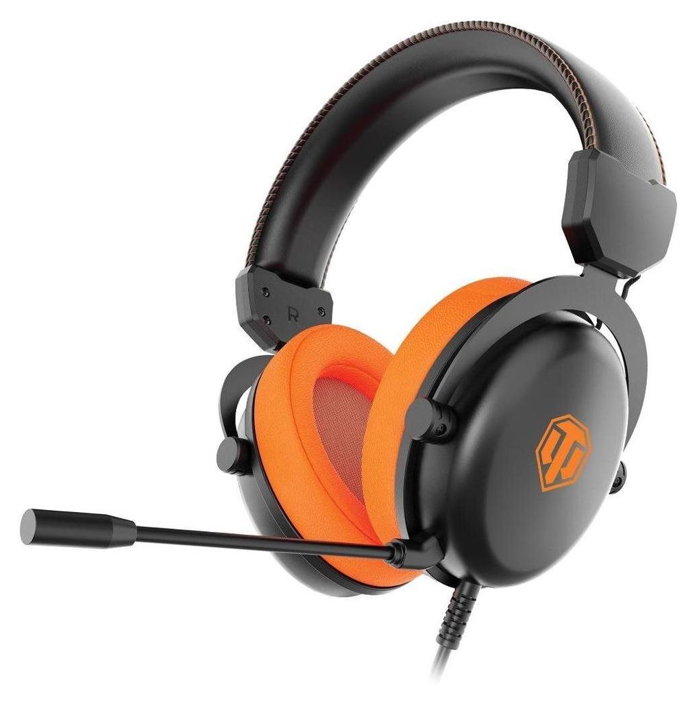A black and orange gaming headset with a microphone.