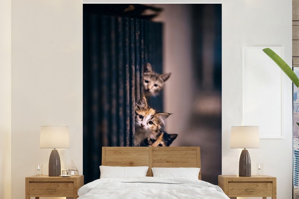 MuchoWow Fototapete für Wohnzimmer oder Schlafzimmer Wandtapete Vinyl Motivtapete Katze - Tier - Vorhang - 145x220 cm - Wanddekoration