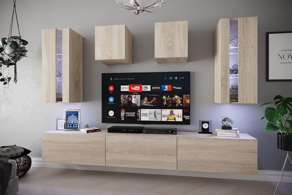 Furnitech Wohnwand Wohnzimmer - Wohnzimmer Möbel mit LED Weiß - Hängend Wohnwand Modern - Regale und TV Schrank (AN291-17S-M11 1A Klein)