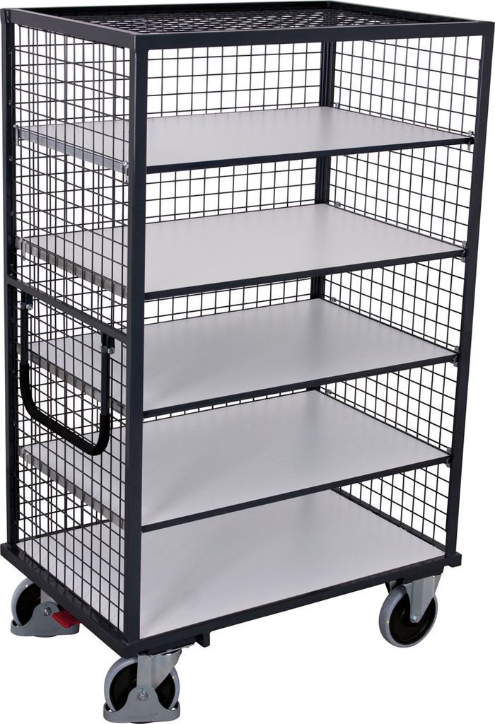 VARIOfit ESD Etagenwagen, außen vergittert mit Schiebebügel und 5 Ladeflächen 1245x785mm