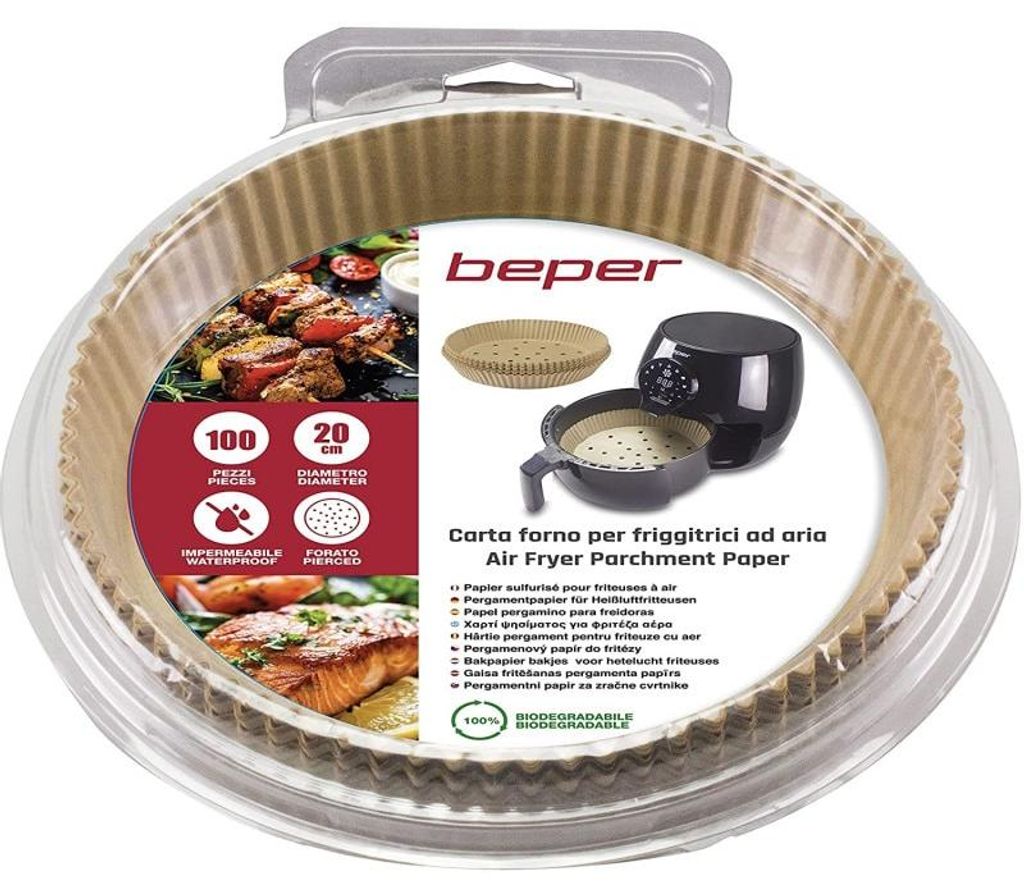 Set 100 Papierformen für Air Fryer Beper C103ACC001, Durchmesser 20 cm, Backpapier, Biologisch abbaubar, Braun