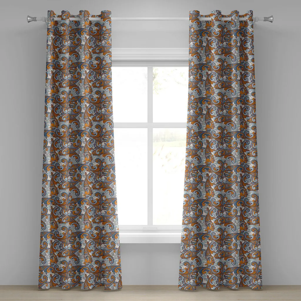 ABAKUHAUS Tenda con occhielli vintage, motivo asiatico ispirato al paisley con motivi botanici orientali astratti e fiori, tende decorative a 2 pannelli, 280 cm x 225 cm, azzurro arancione crema