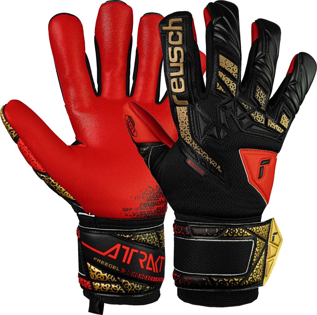 Reusch Torwarthandschuhe Attrakt Freegel Silver mit Evolution Negative Cut 7075 blck/gold/firy red 10.5