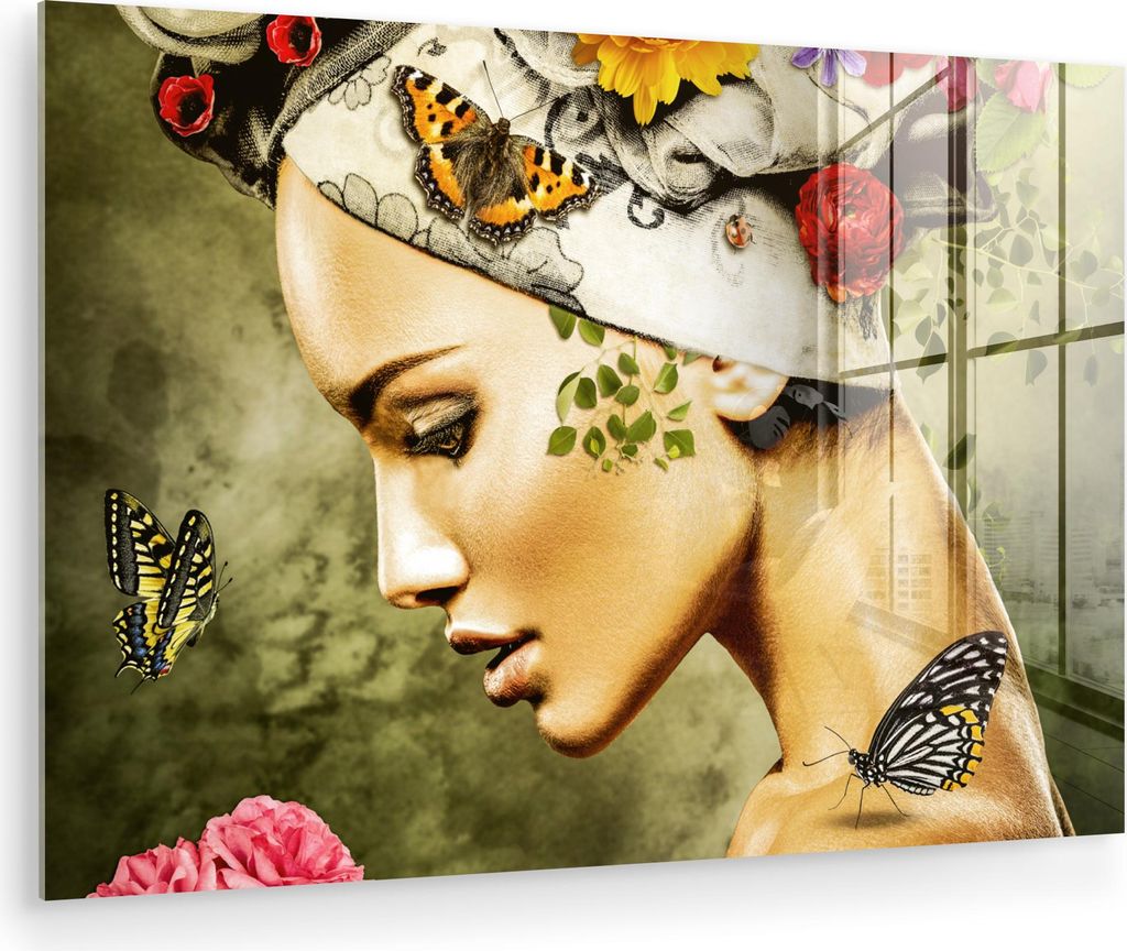 MuchoWow Glasbilder - Bilder auf Wandbild - Foto auf Glas Frau - Blumen - Farben - Schmetterlinge - Rosen - Kopftuch 60x40 cm Wanddekoration aus Gl...