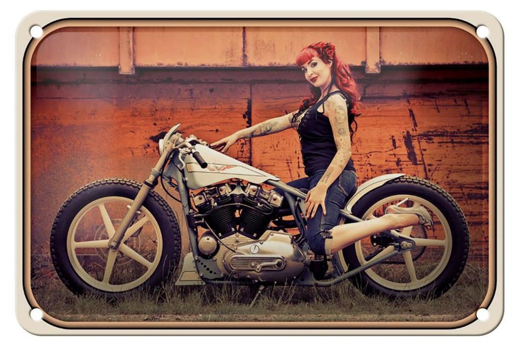 Blechschild Motorrad 18x12cm Biker Girl Frau Pin up