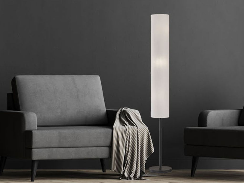Große Stehlampe mit LED dimmbar - Leuchtenfuß Schwarz & Leinen Lampenschirm Weiß