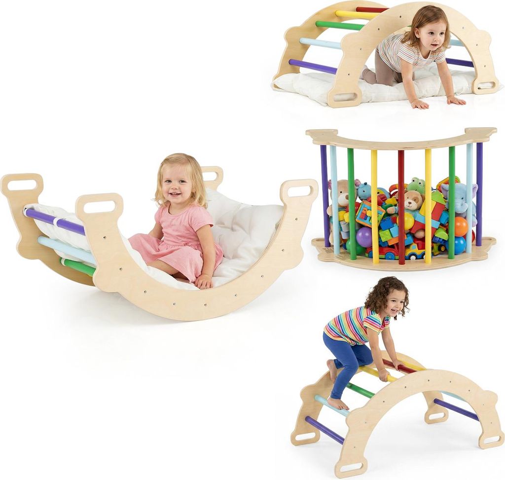 COSTWAY 3-in-1 Montessori Kletterbogen mit Kissen, Kletterdreieck zum Wippen & Klettern, Kletterleiter aus Holz, Klettergerüst, für Kinder 3+
