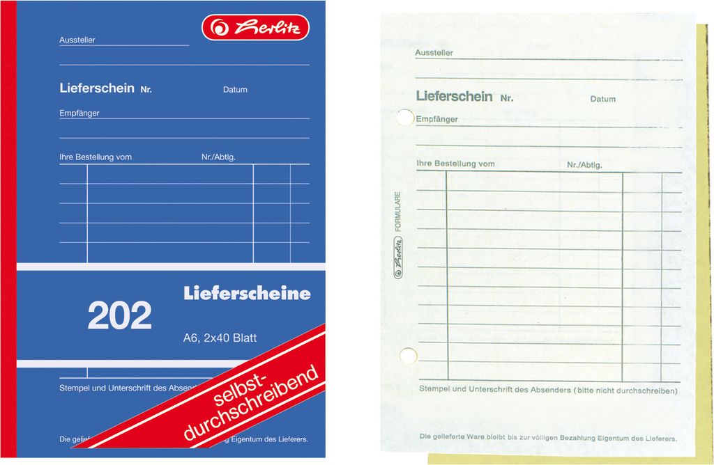 Two images of a German delivery note form book. The left image is a product shot of the cover, and the right image is a scan of an open form.