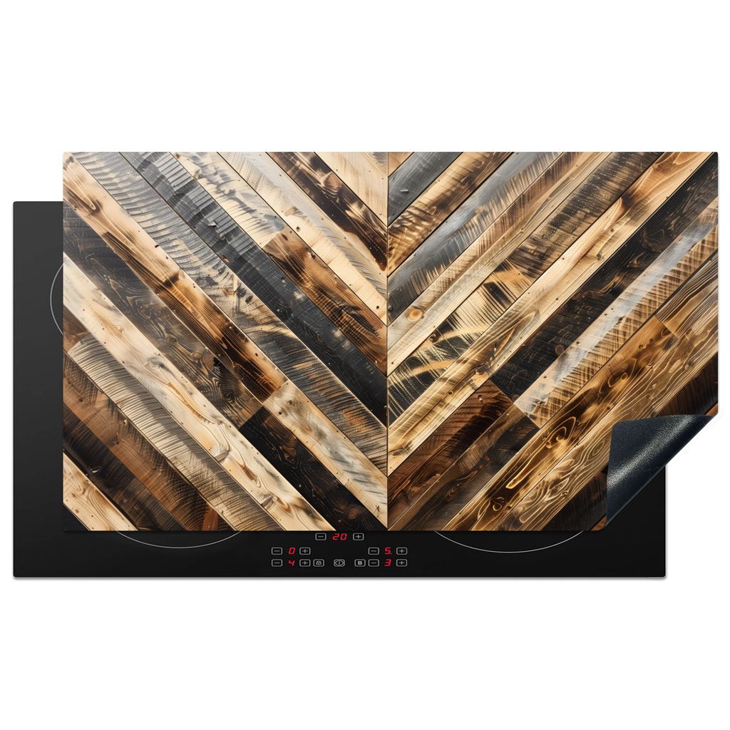 KitchenYeah Herdabdeckplatte Holzmotiv - Industriell - Fischgrätenmuster , 91x52cm, Küche Deko, Glaskeramikkochfeld Herdabdeckung, Abdeckplatte...