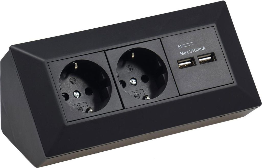 A black power strip with two electrical outlets and two USB ports.