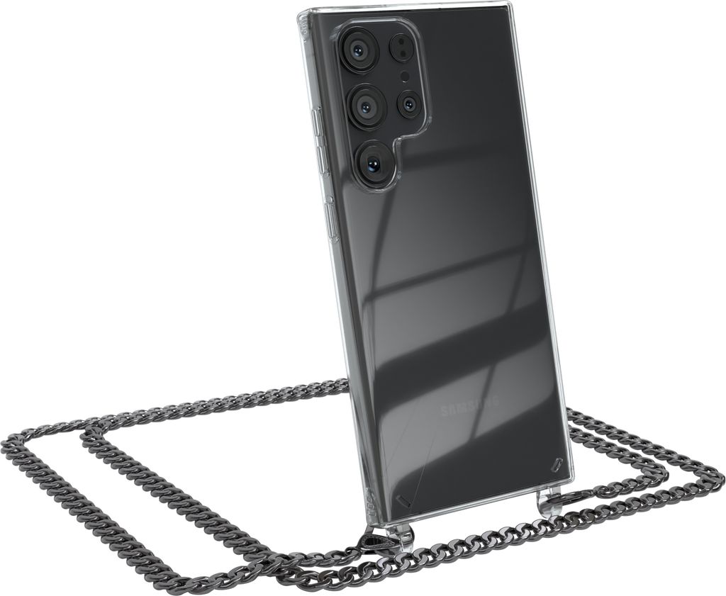 EAZY CASE Metall Handykette für Samsung Galaxy S23 Ultra, Handyhülle mit Umhängeband, Silikonhülle, Metallkette für Smartphone in Grau