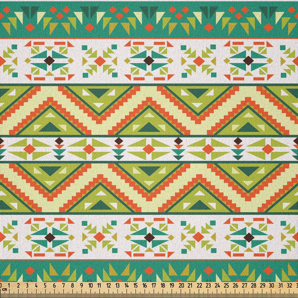 ABAKUHAUS Bunt Microfaser Stoff als Meterware , Bunter Stammes alter lokaler Motiv Muster ethnischer Druck, 3 M (230 x 300 cm), Pistaziengrün Orange