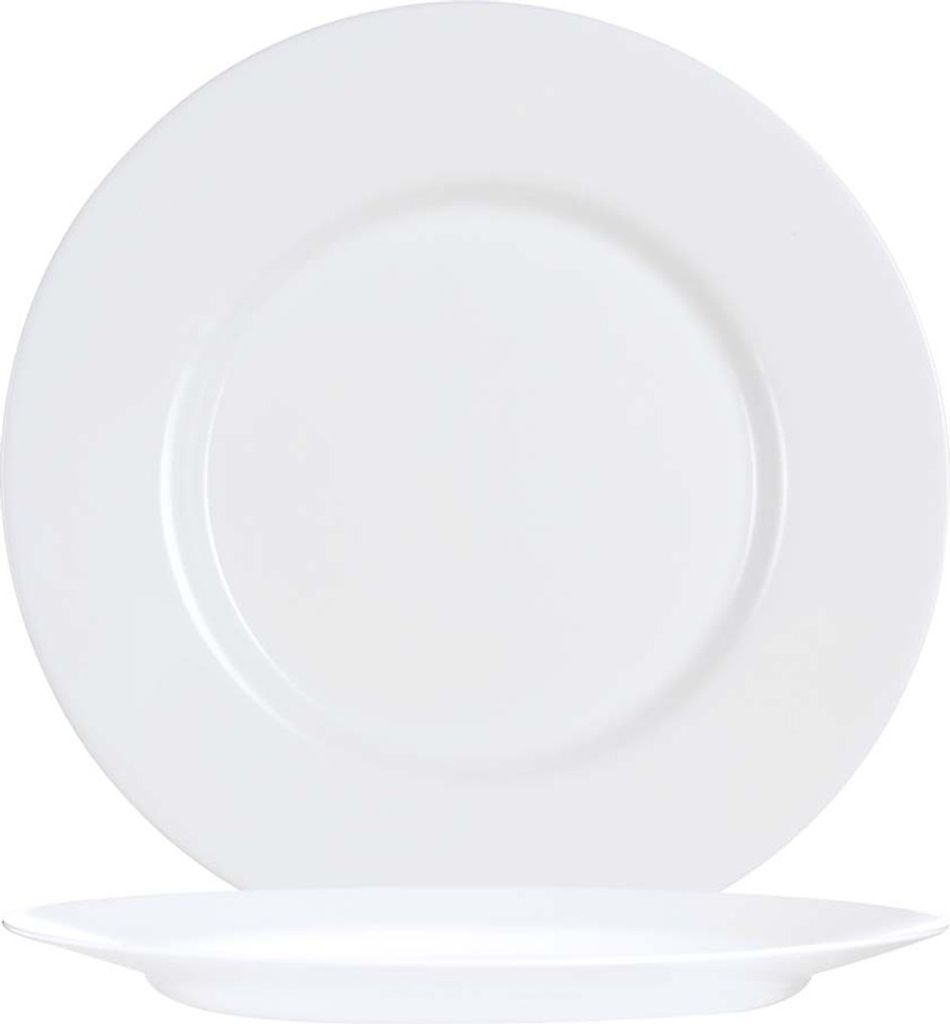 A white plate is shown from a slightly elevated side view, with another plate underneath it.
