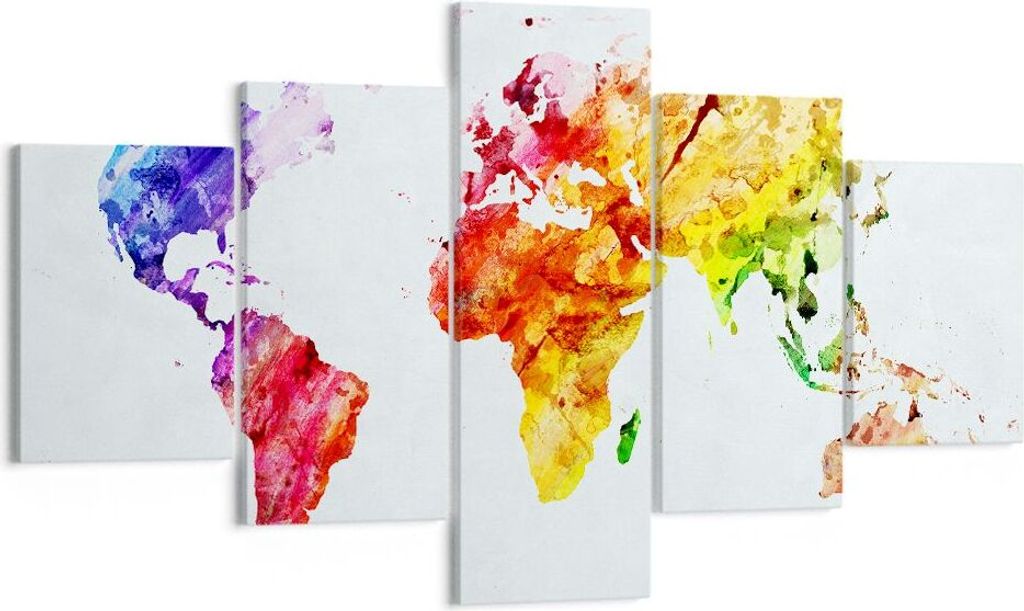 Bild auf Leinwand - Leinwandbild - Welt Karte Bunt Kontinente - 125x70cm - Wand Bild - Wanddeko - Leinwanddruck - Bilder - Kunstdruck - Wanddekorat...