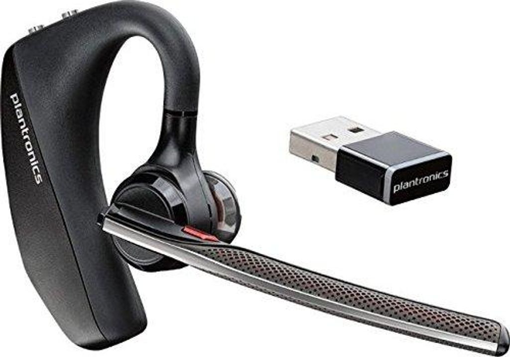 A black Plantronics Voyager 5200 UC headset and its USB dongle are shown against a white background.