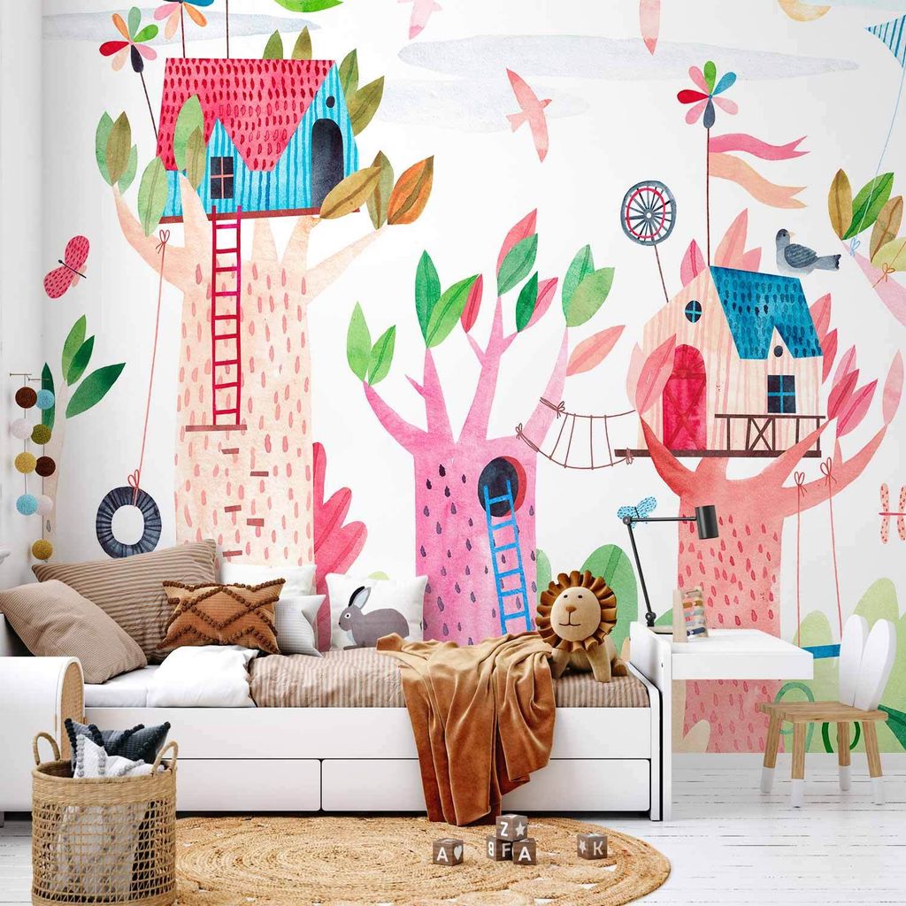 Vlies Fototapete - Painted tree houses - a colourful fantasy with kites for children 350x245 cm Für Kinder e-B-10010-a-a