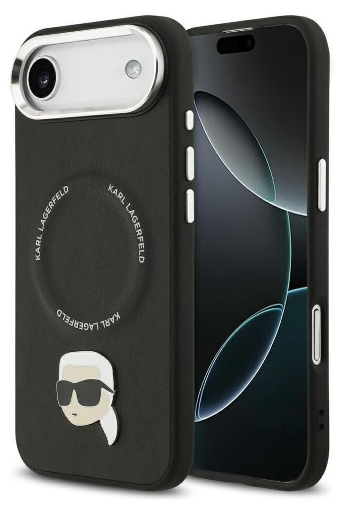 A black Karl Lagerfeld iPhone case with a silver camera ring and a Karl Lagerfeld character graphic is shown next to an iPhone.